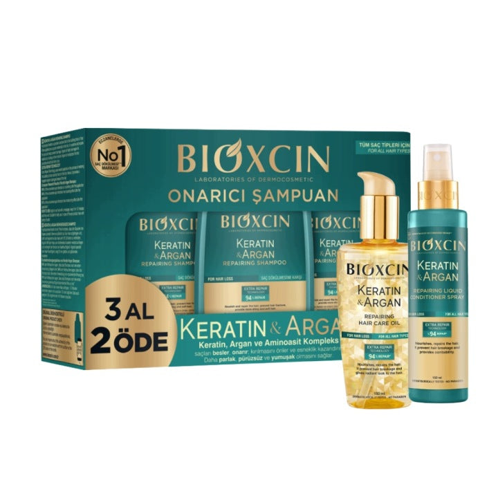 Bioxcin Keratin & Argan 3x300 ml shampoo + 150 ml spray + 150 ml oil set